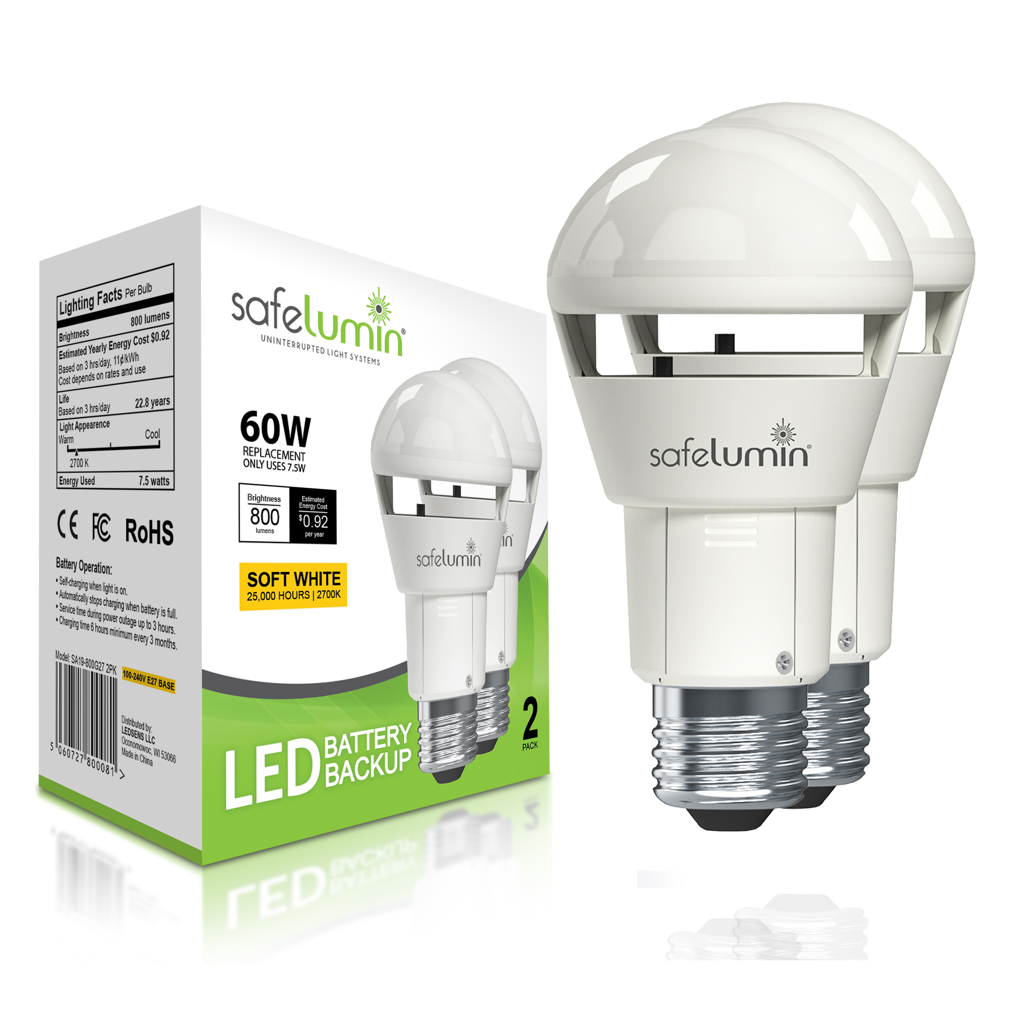 Safelumin SA19-800G27 2pk Emergency Rechargeable Light Bulbs for Home Power Failure, Works As Normal LED Light Bulb & 3hrs Battery Backup, 100-240V