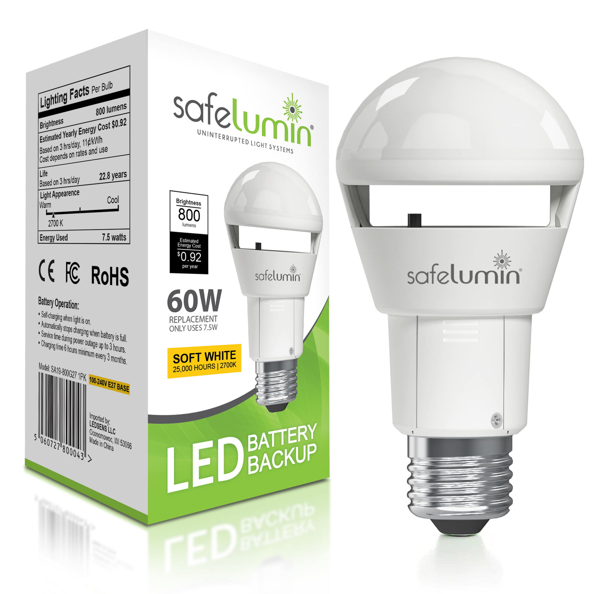 komplet justere Materialisme Safelumin SA19-800G27 1PK E27 Rechargeable Light Bulb (Soft White) |  Safelumin